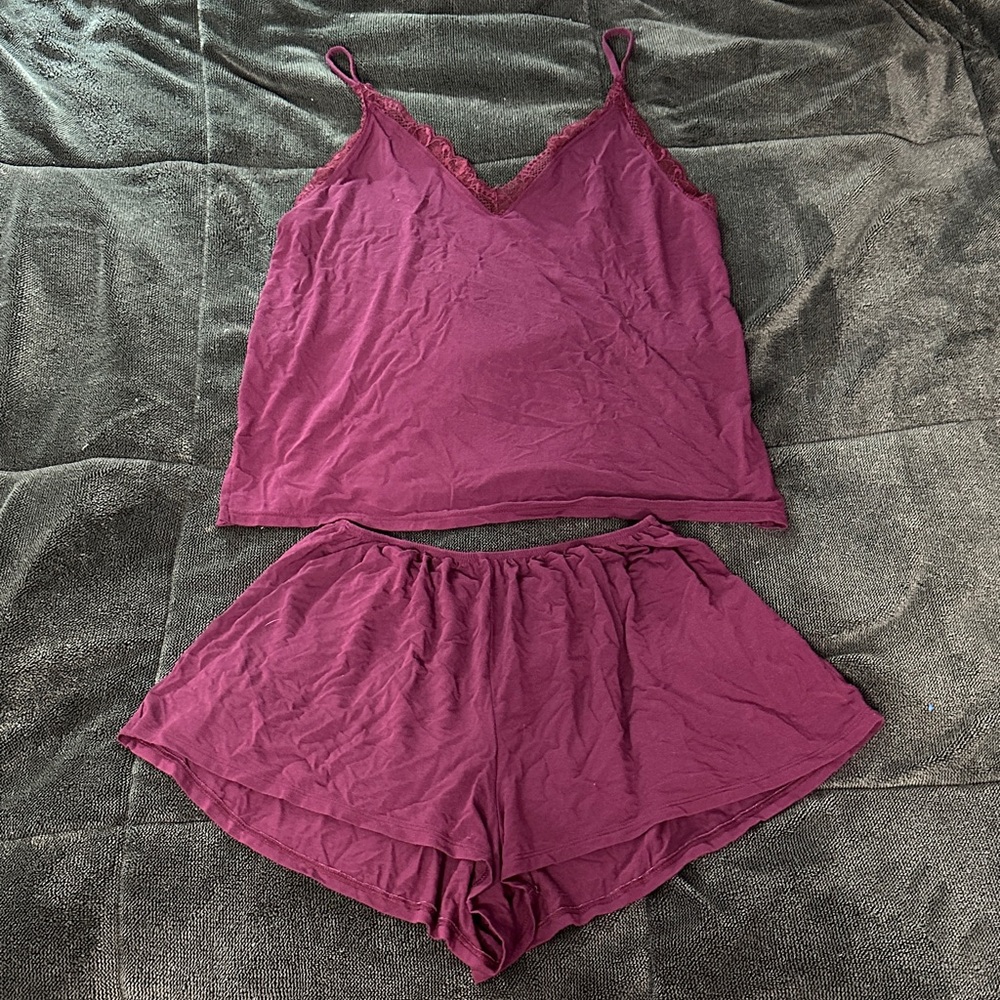 (LIKE NEW) Victoria's Secret Burgundy Lace Trim Lingerie Cami & Short Pajama Set